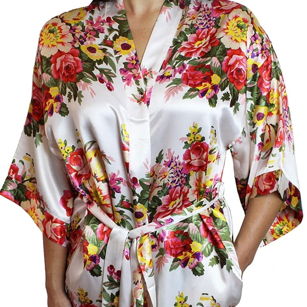 Floral Satin Kimono Bridesmaid Robe with Pockets